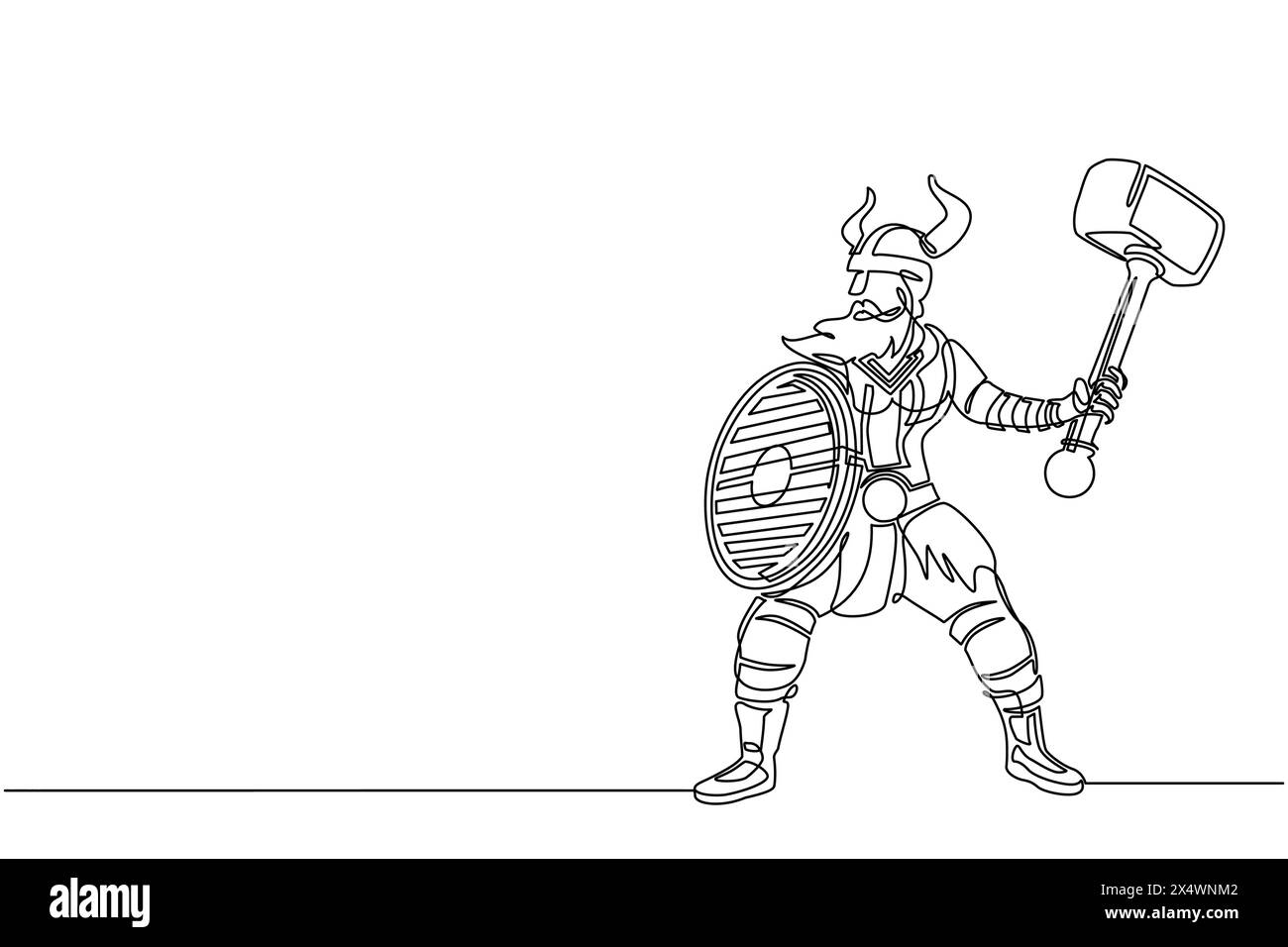 Durchgehende Linie, die große, muskulöse orange Krieger wikinger mit Hammer und Schild heftig angreift. Wikinger in gehörntem Helm mit Hammer Stock Vektor