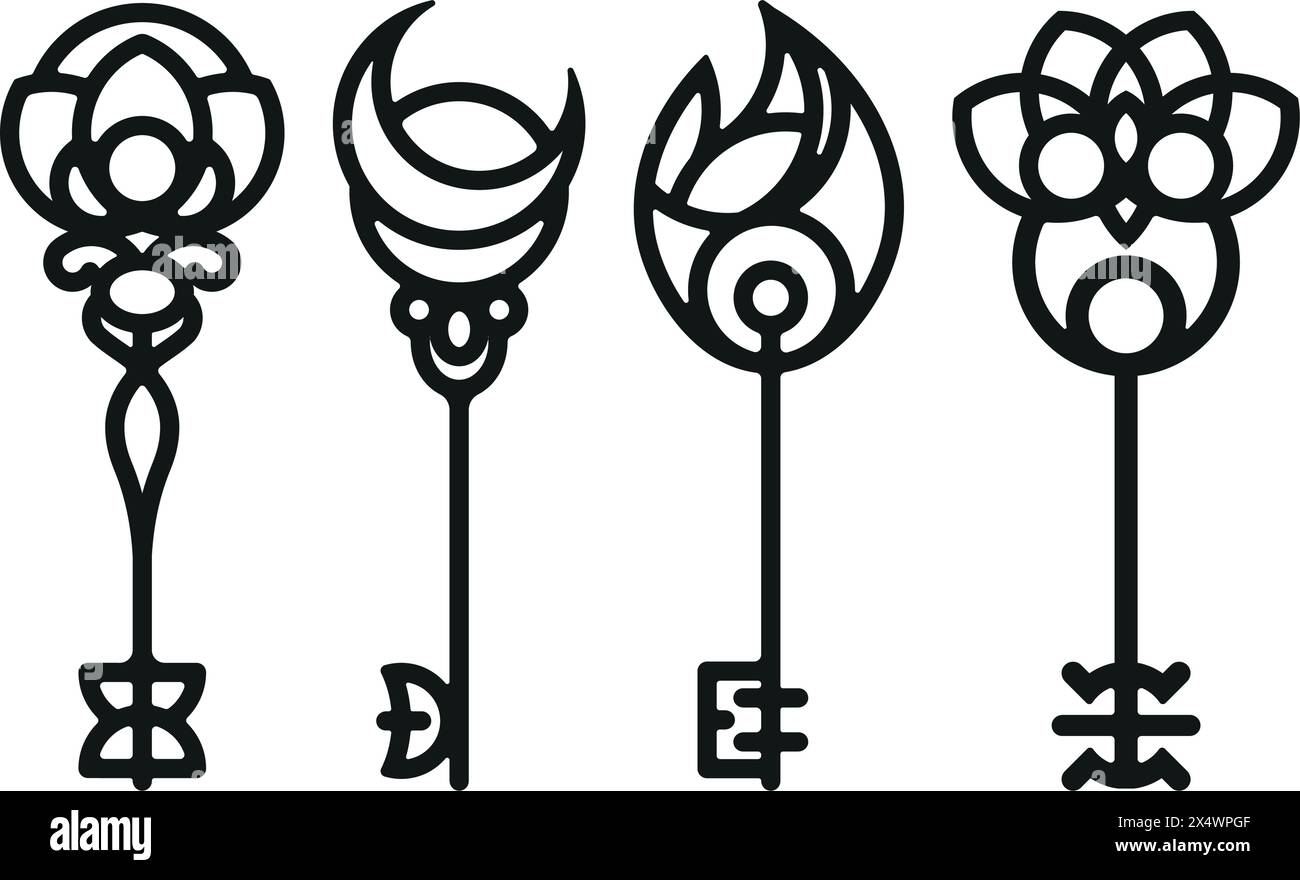 Gruppe von vier Schlüsseln inspiriert von der Symbolik von Macht, Sternen, Elementen und Natur. Stock Vektor