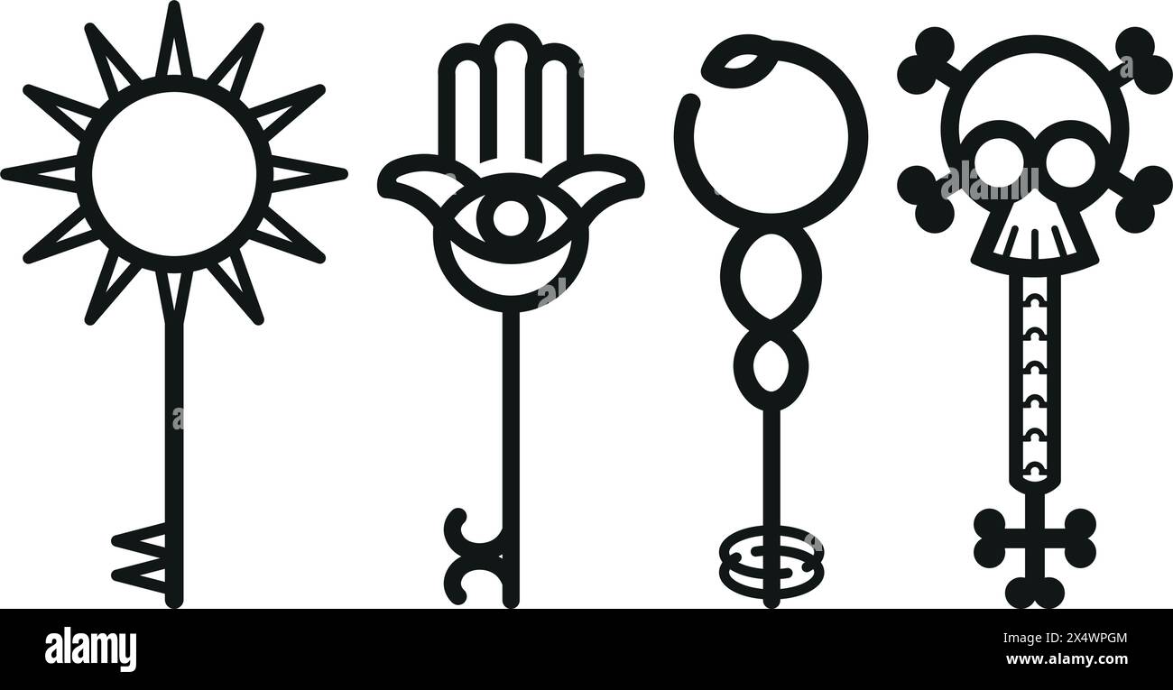 Gruppe von vier Schlüsseln inspiriert von der Symbolik von Macht, Schutz, Ewigkeit und Zeit Stock Vektor