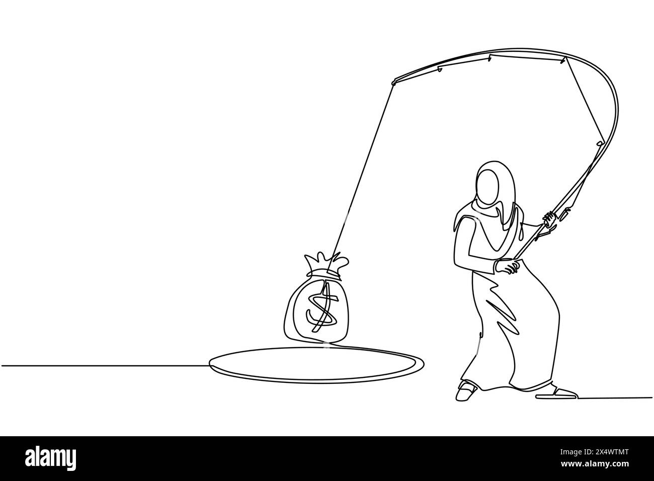 Eine einzige durchgehende Linie, die eine arabische Geschäftsfrau mit Angelrute hält, bekam eine große Geldtüte aus dem Loch. Frau, die mit Angelrute Geld fängt. Busin Stock Vektor