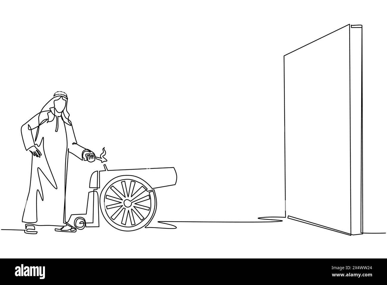 Ein arabischer Geschäftsmann zündet eine Kanone vor der Wand und will zerstören. Gründung eines neuen Unternehmens durch Beseitigung von Hindernissen Stock Vektor