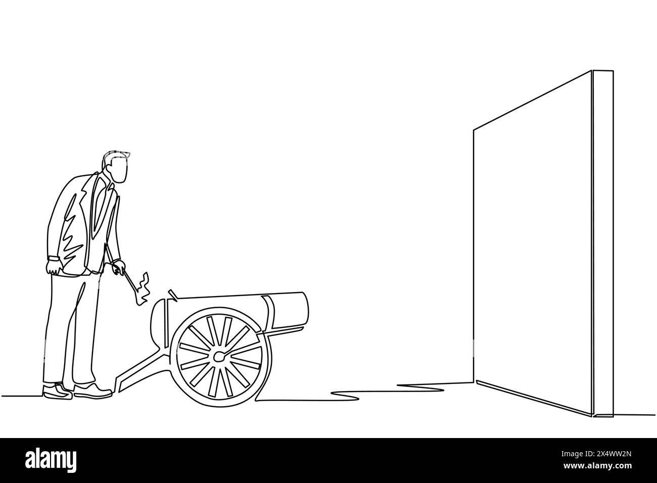 Ein einziger, durchgehender Zeichner Geschäftsmann zündet eine Kanone vor der Wand und will zerstören. Gründung eines neuen Unternehmens durch Beseitigung von Hindernissen Stock Vektor