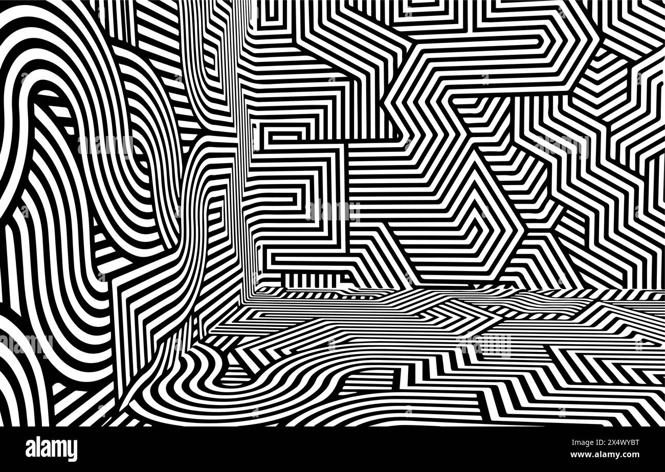 Dimensional Dreams: Exploring 3D Line Room Cube Box Illusions Muster abstrakte Vektor-Illustration Stock Vektor