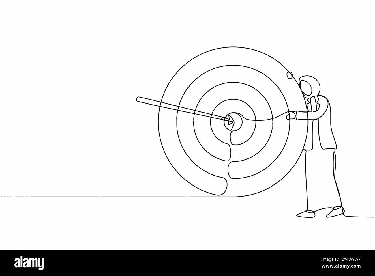Eine durchgehende Linie zeichnet arabische Geschäftsfrau umarmt und steht neben dem Kreis des Ziels, Pfeil, der das Ziel in der Mitte trifft, analysiert das Ergebnis von achi Stock Vektor