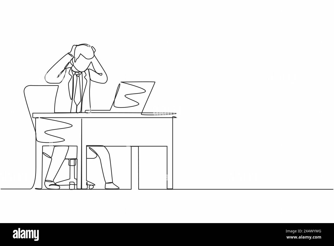 Einzelne durchgehende Linienzeichnung beängstigend frustrierter verängstigter Geschäftsmann Manager steht am Laptop und hält den Kopf. Büroüberlastung, mentaler Stress. O Stock Vektor
