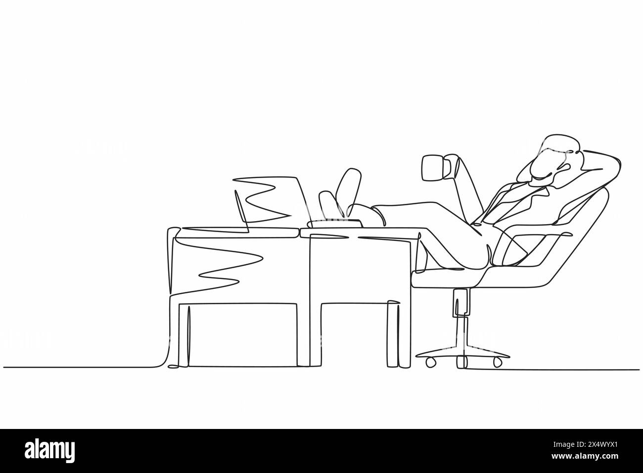 Eine Geschäftsfrau mit durchgehender Linienzeichnung arbeitet entspannt am Schreibtisch und trinkt eine Tasse Kaffee. Flaches Design der Mitarbeiterfigur, die mit Laptop-Compu arbeitet Stock Vektor