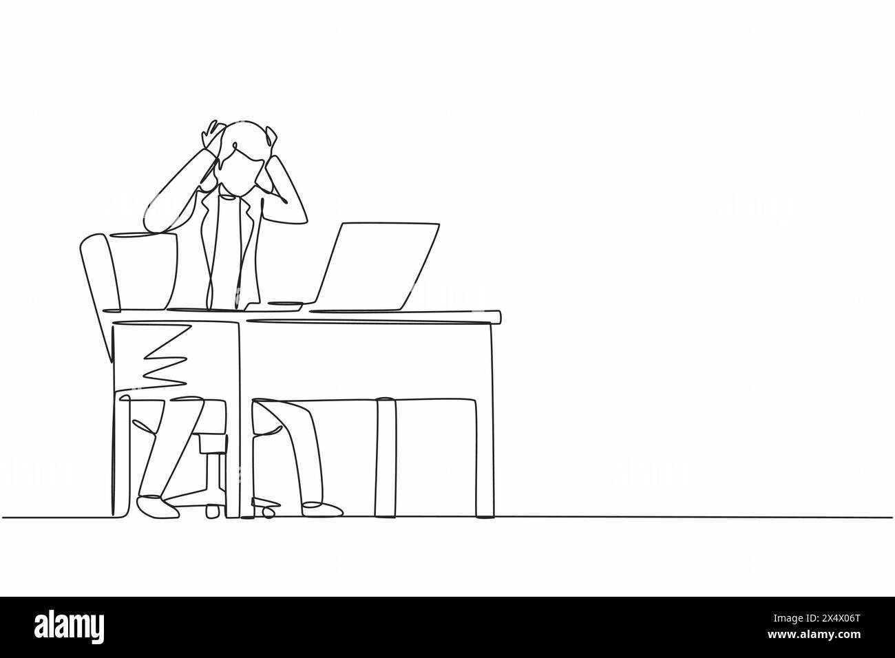 Eine einzige Zeilenzeichnung beängstigend frustrierte, verängstigte Geschäftsfrau, Büroangestellte, steht am Laptop und hält den Kopf. Büroüberlastung, mentaler Stress. Kontin Stock Vektor