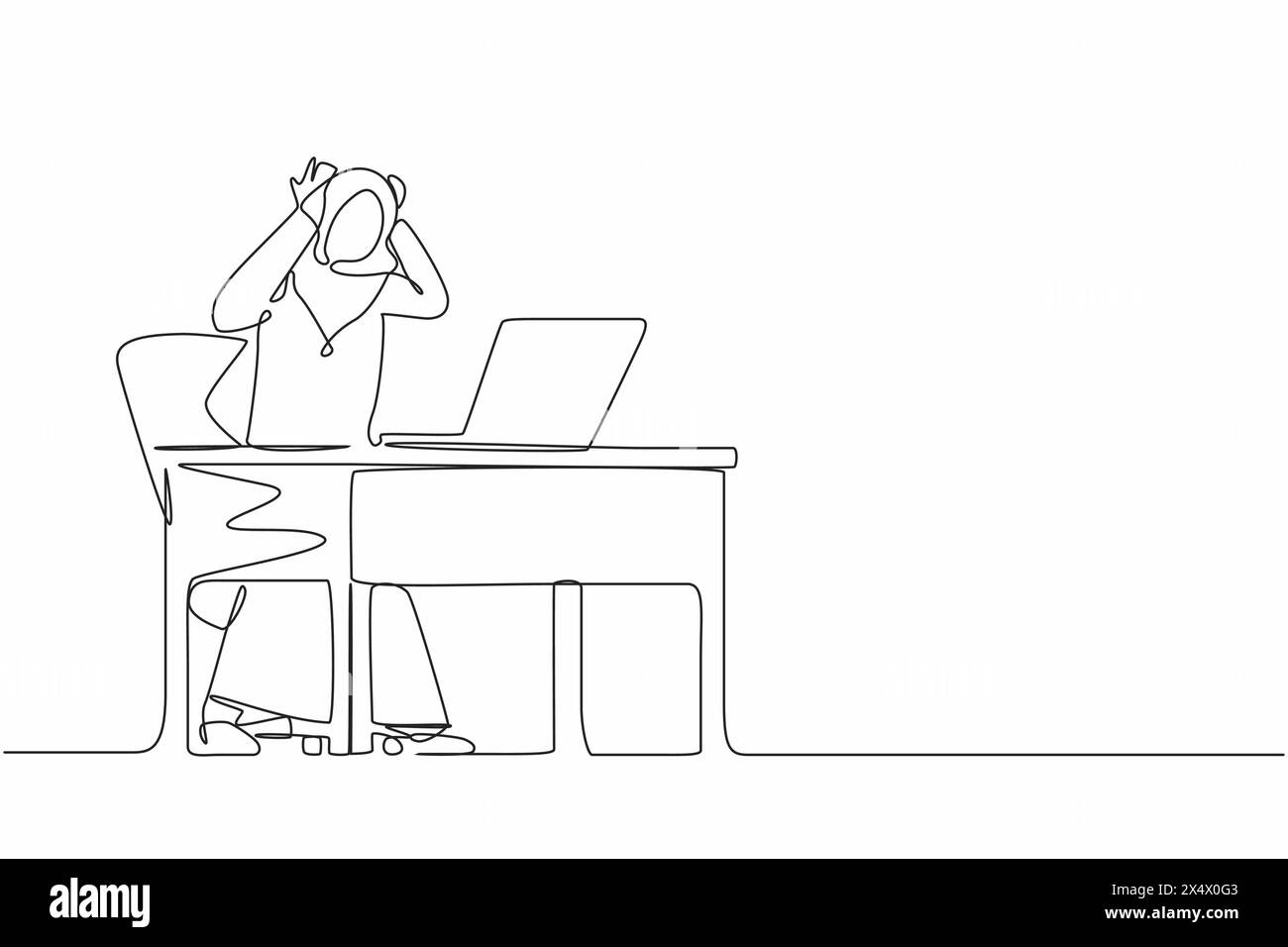 Eine einzige Zeile Zeichnung beängstigend frustrierte verängstigte arabische Geschäftsfrau, die Angestellte, steht am Laptop und hält den Kopf. Büroüberlastung, mentaler Stress. C Stock Vektor