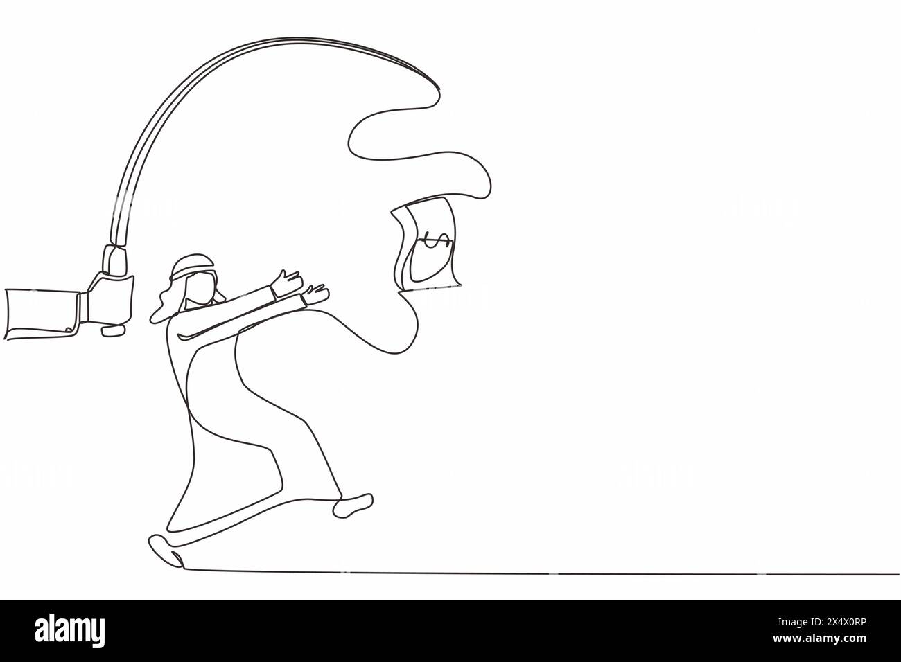 Durchgehende eine Linie, die Hand zieht mit Angelrute und Dollar-Bargeldkontrolle gieriger arabischer Geschäftsmann unter Hypnose. Ein Mann, der hinter dem Dollarschwingen her ist, Stock Vektor