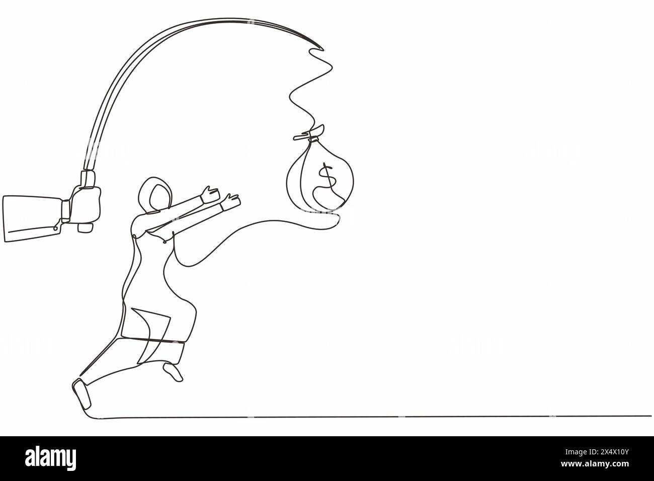 Durchgehende eine Linie, die Hand mit Angelstange und Geldbeutel zieht, kontrolliert gierige arabische Geschäftsfrau unter Hypnose. Eine Frau, die hinter Geld her ist Stock Vektor