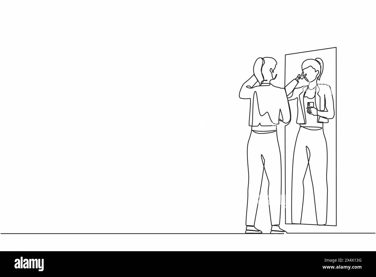 Eine einzeilige Geschäftsfrau mit formellem Blazer, die Selfie im Stand vor dem Spiegel macht. Frau nimmt Selfie. Sucht auf Smartphone und Stock Vektor