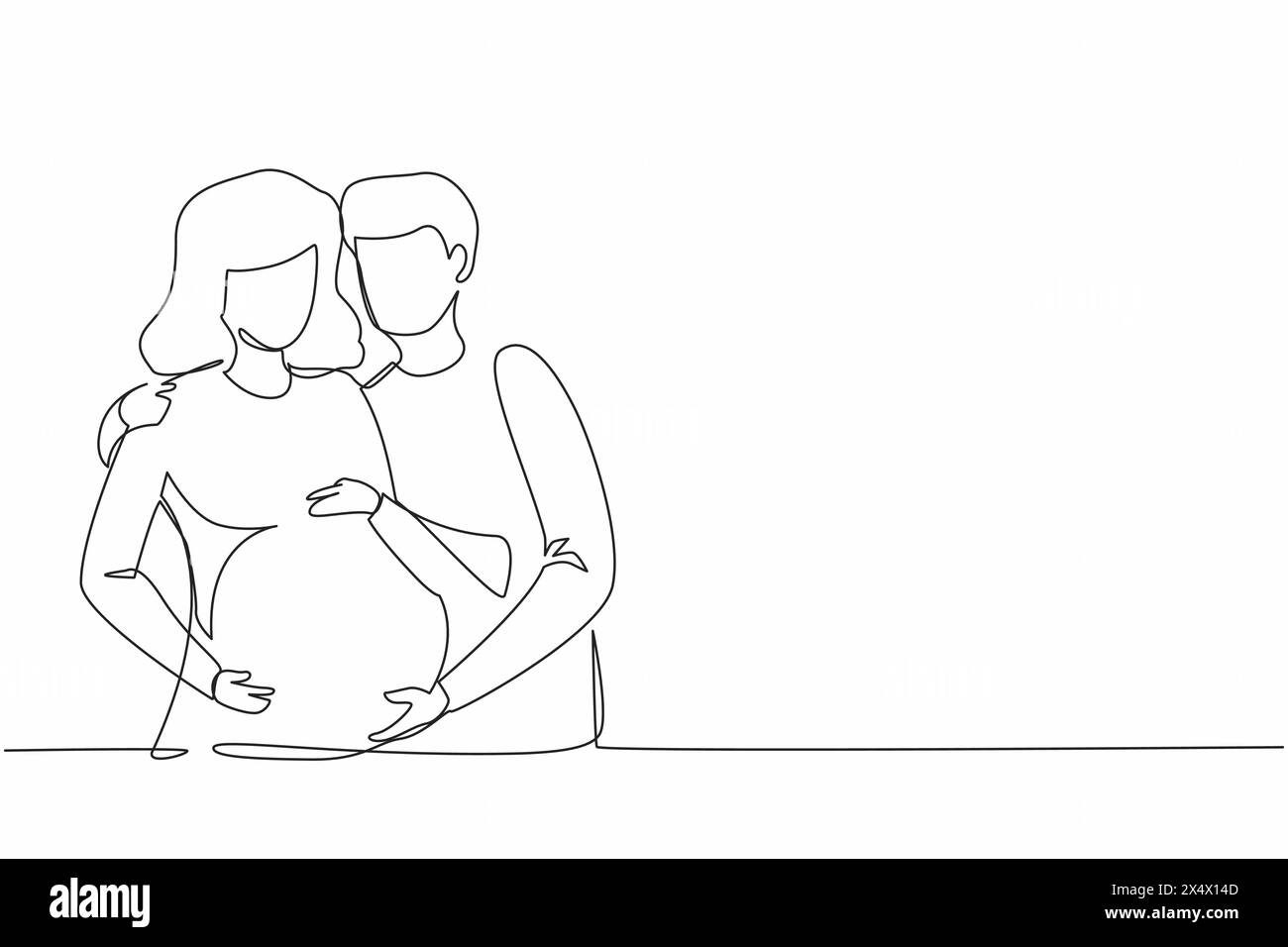 Einfache durchgehende Linienzeichnung flache Illustration über Schwangerschaft und Partnergeburt. Junge schwangere Frau mit Ehemann. Der Mann passt auf und umarmt seine Ehefrau Stock Vektor