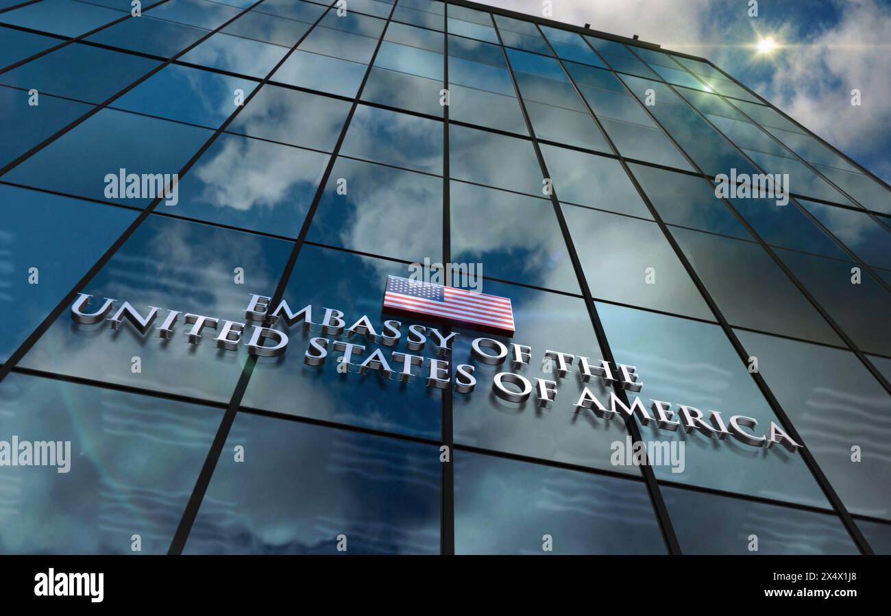 Glasbaukonzept der Botschaft der Vereinigten Staaten von Amerika. Symbol des US-Diplomatenbüros auf der 3D-Illustration der Vorderfassade. Stockfoto