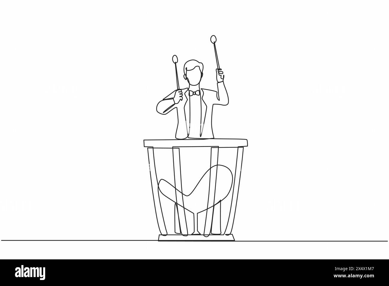 Einzelne durchgehende Linie zeichnet männliche Percussion Spieler spielen auf Pauken. Mann, der Stock hält und Musikinstrument spielt. Musikinstrument Stock Vektor