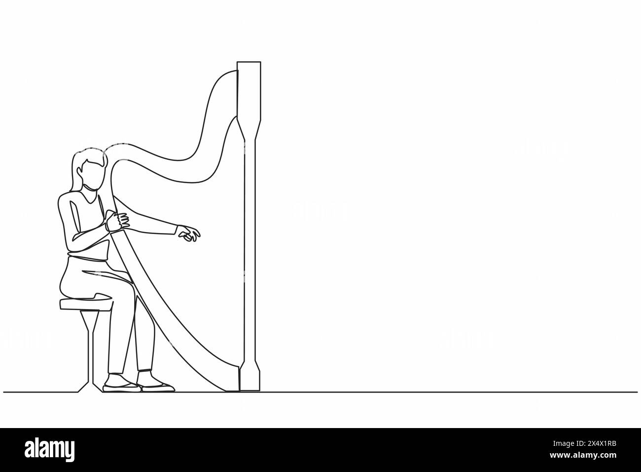 Einzelne durchgehende Linienzeichnung, Musikerin, die Harfe spielt. Klassischer Musikcharakter mit Musikinstrument. Eine Frau sitzt, spielt Harfe. Stock Vektor