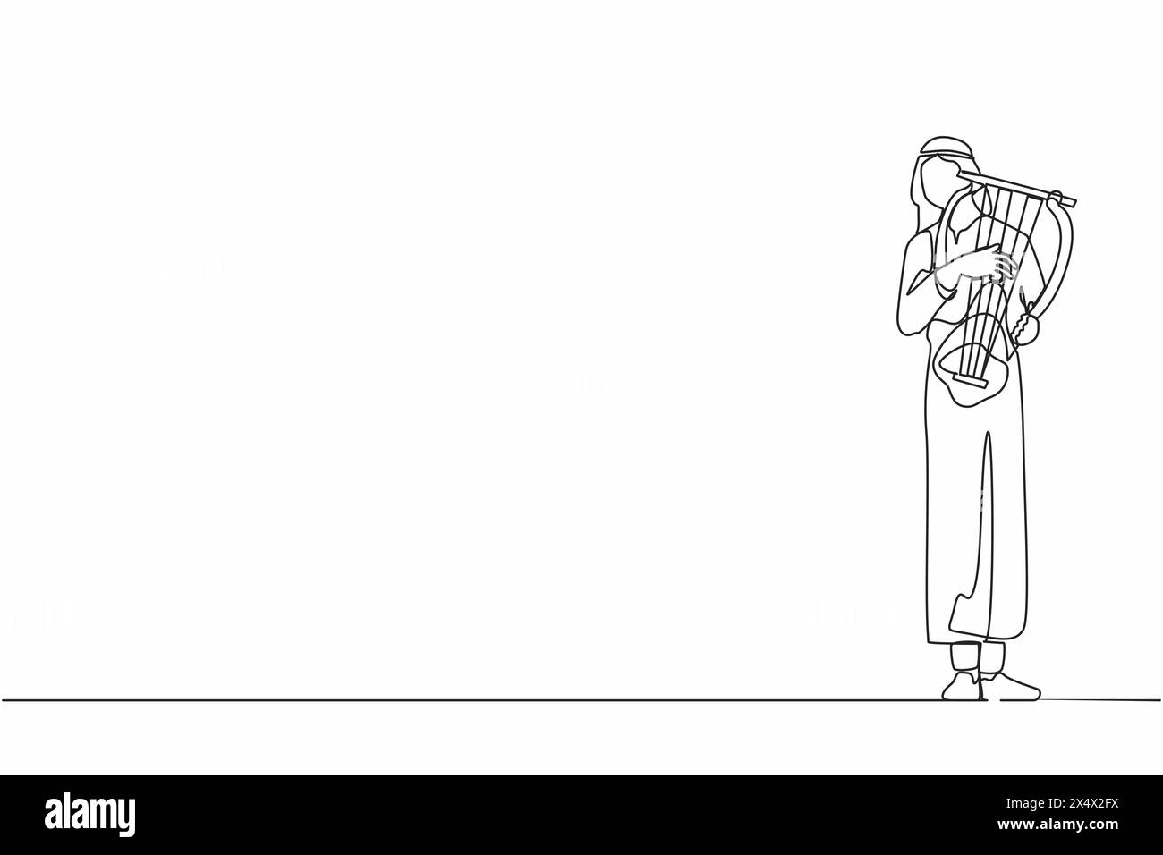 Eine einzige Zeile zeichnet einen männlichen arabischen Musiker, der musikalische Leier spielt. Klassische Musik Orchester Mann Künstler mit Musikinstrument. Professioneller Musiker pro Stock Vektor