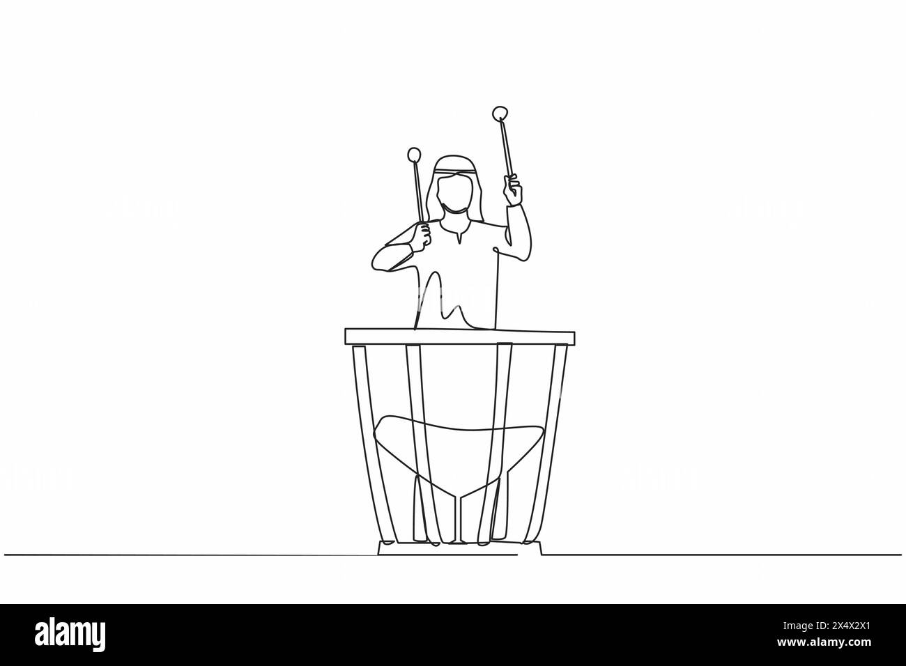 Durchgehende eine Linie, die arabische männliche Percussion-Spieler auf Pauken spielt. Mann, der Stock hält und Musikinstrument spielt. Musikinstrumente Stock Vektor