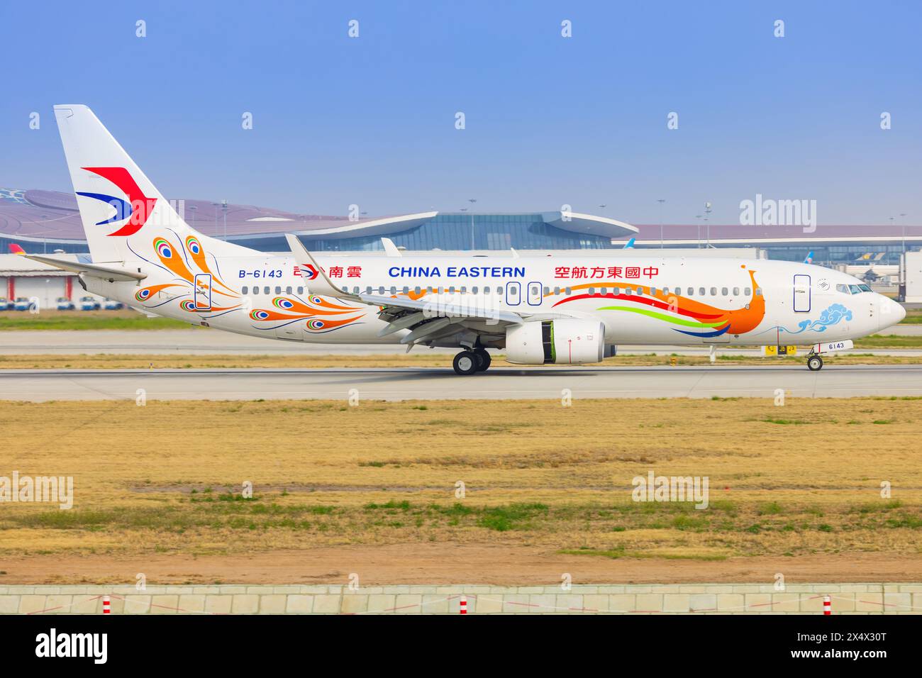 China Boeing 737 Flugzeuge mit Yunnan Pfau (orange) am Flughafen Shanghai in China im April 2024 Stockfoto