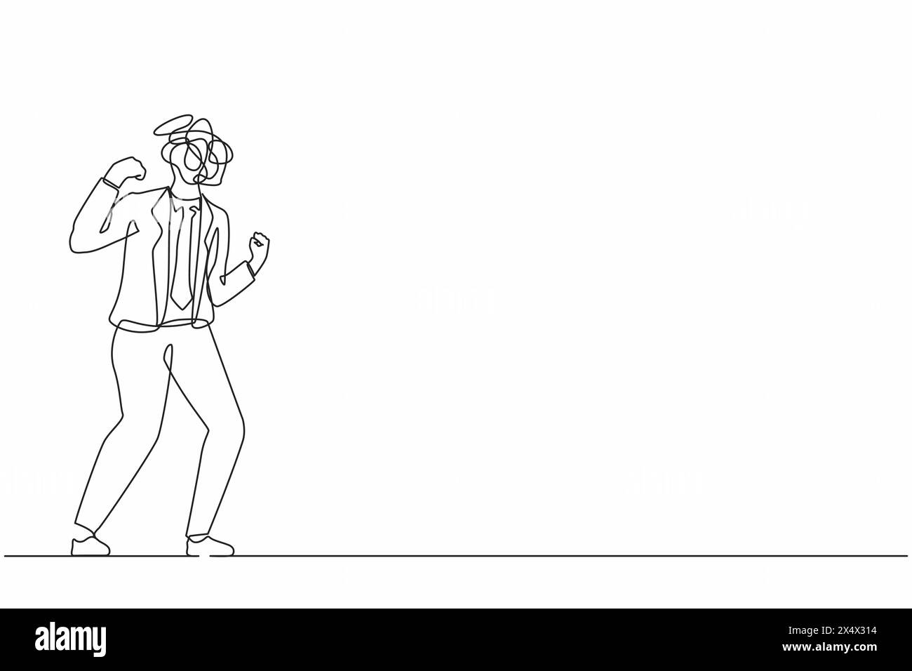 Ein einzeiliger Zeichnungs-Geschäftsmann mit runden Kritzeleien anstelle eines Kopfes. Wütend verärgerter Arbeiter mit geballten Fäusten. Aggressive Stimmung, giftige Kommunikation Stock Vektor