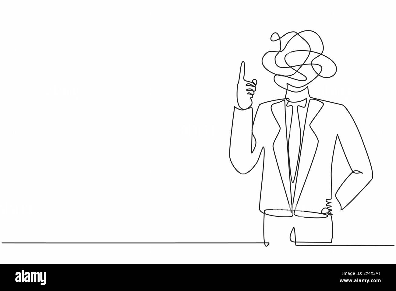 Durchgehende einzeilige Zeichnung Geschäftsmann mit runden Kritzeleien statt Kopf. Männlicher Manager, der Idee, Lösung vertritt. Gesten oder Anzeigen des Index f Stock Vektor
