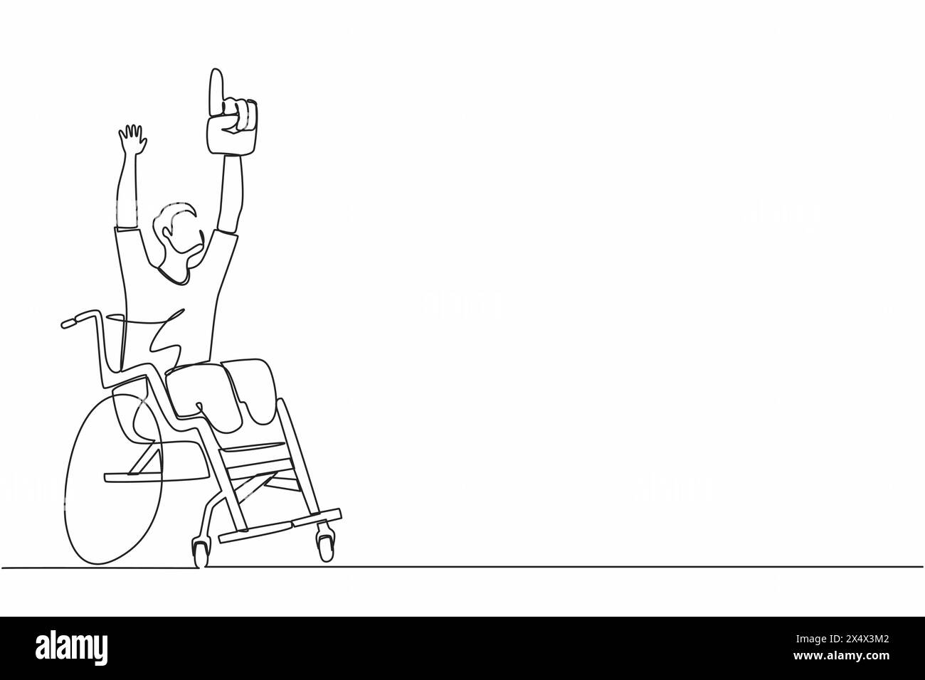 Eine einzige Linie zeichnet glückliche Behinderung junger Mann im Rollstuhl, der den Sieg der Fußballmannschaft feiert. Fußballfan, Rollstuhlfahrer. Spiele-Meisterschaft Stock Vektor