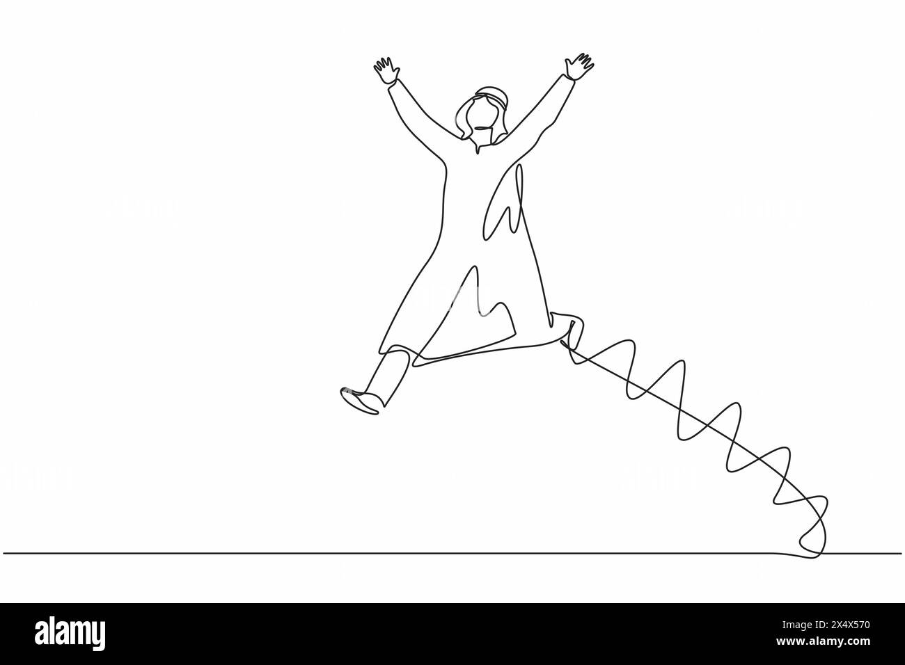Einzelne durchgehende Linienzeichnung glücklicher arabischer Geschäftsmann springt mit erhobenen Händen. Der Verkäufer feiert Gehaltserhöhungen und profitiert vom Unternehmen. O Stock Vektor