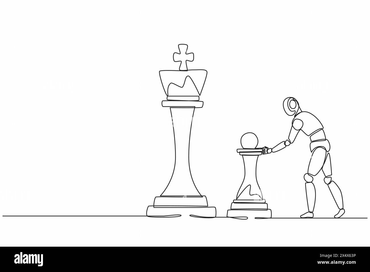 Einzelne kontinuierliche Linienziehroboter schieben riesige Schachfiguren, um den König zu besiegen. Moderne Robotik künstliche Intelligenz. Elektroniktechnik Stock Vektor