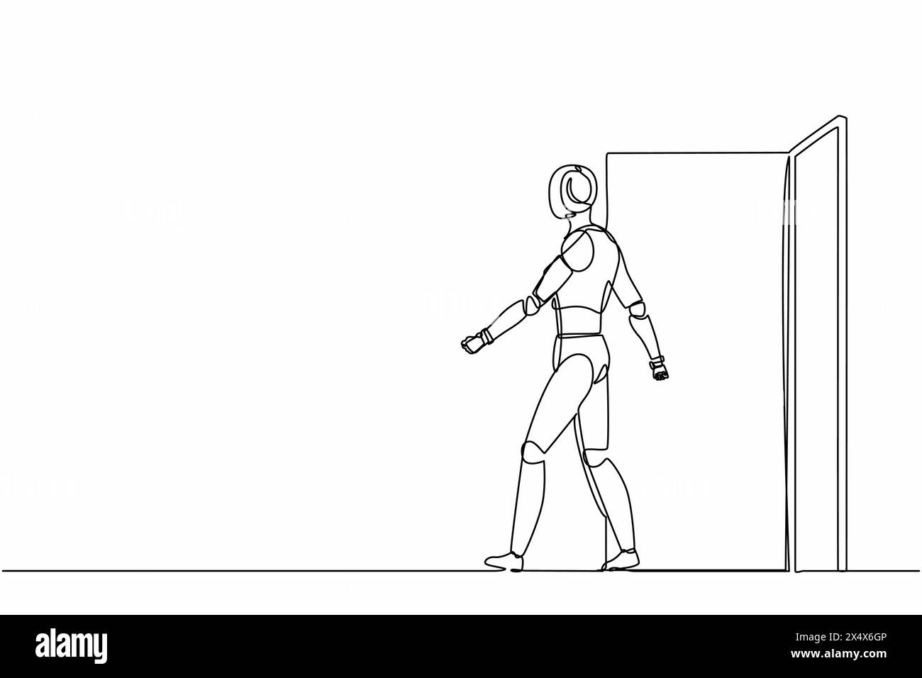 Einzelne, durchgehende Zeichnungsroboter gehen aus und verlassen die Bürotür. Robotik-Technologie der künstlichen Intelligenz. Elektronikindustrie Stock Vektor