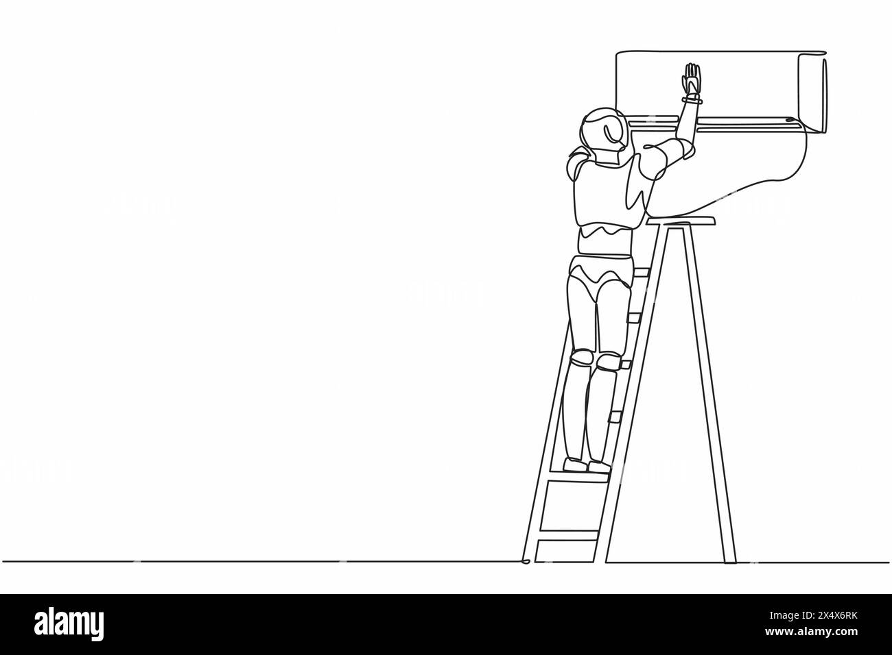 Ein einzeiliger Zeichnungsroboter, Techniker, der die Klimaanlage repariert. Zukunftstechnologie. Künstliche Intelligenz und maschinelles Lernen. Fortlaufend Stock Vektor