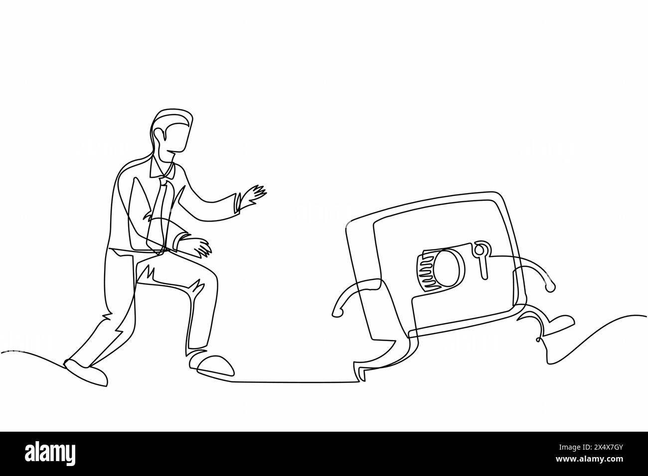 Ein einziger Zeichner Geschäftsmann läuft jagen, versucht, einen Safe zu fangen. Konzept der Sicherheit, des Schutzes, des Bankwesens, des Finanzwesens. Geschäftsmetapher. C Stock Vektor