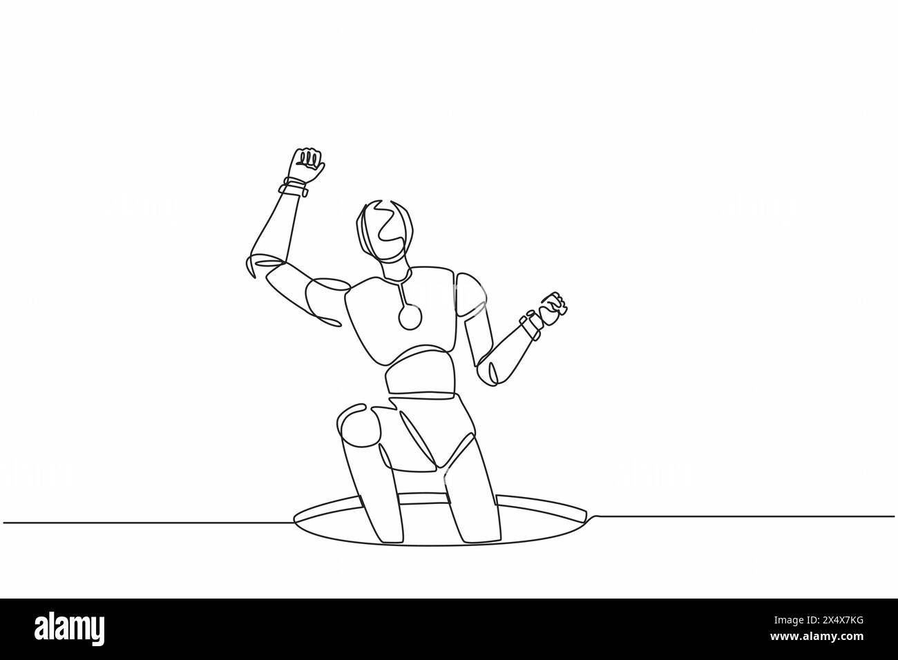 Ein einziger, durchgehender Linienziehroboter fiel in die unterirdische Kanalisation des Mannlochs. Robotik-Technologie der künstlichen Intelligenz. Elektronikindustrie. Stock Vektor