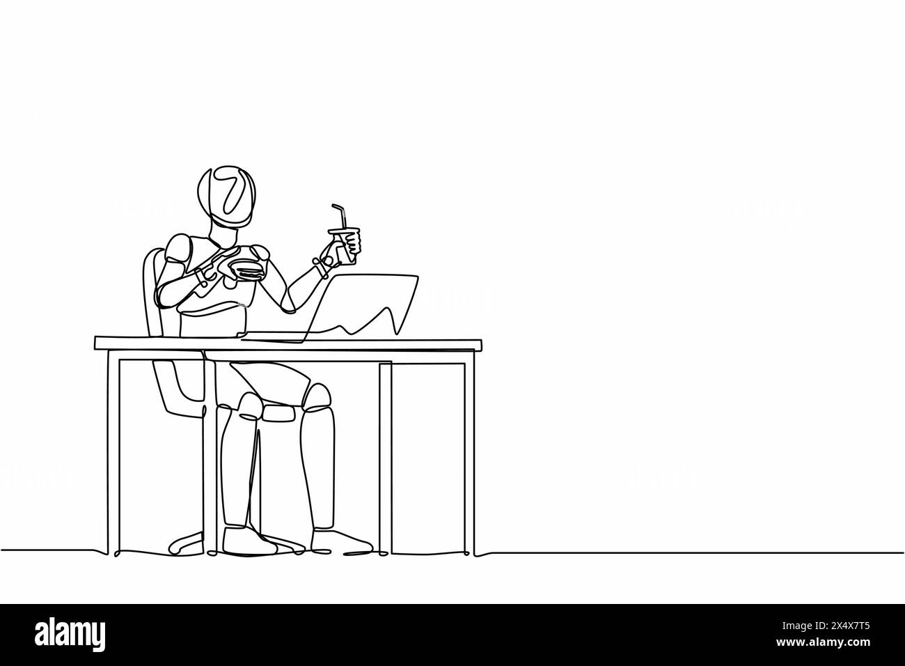 Einzelner kontinuierlicher Linienzeichnungsroboter, der Burger Fast Food isst, ungesunder Lebensstil. Moderne robotische Künstliche Intelligenz. Einsatz der Elektroniktechnik Stock Vektor