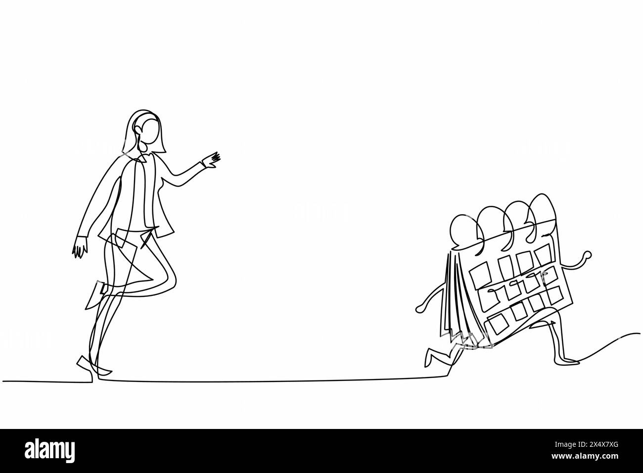 Eine einzelne, einzeilige Geschäftsfrau, die versucht, Kalender zu fangen. Manager werden von Arbeitsterminen verfolgt. Die Zeit wird knapp. Geschäftsmetapho Stock Vektor