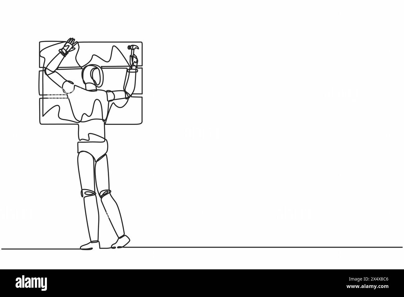 Einfacher, kontinuierlicher Zeichnungsroboter für professionelle Arbeiter, die hämmern. Nagel in Holz. Moderne robotische Künstliche Intelligenz. Einsatz der Elektroniktechnik Stock Vektor