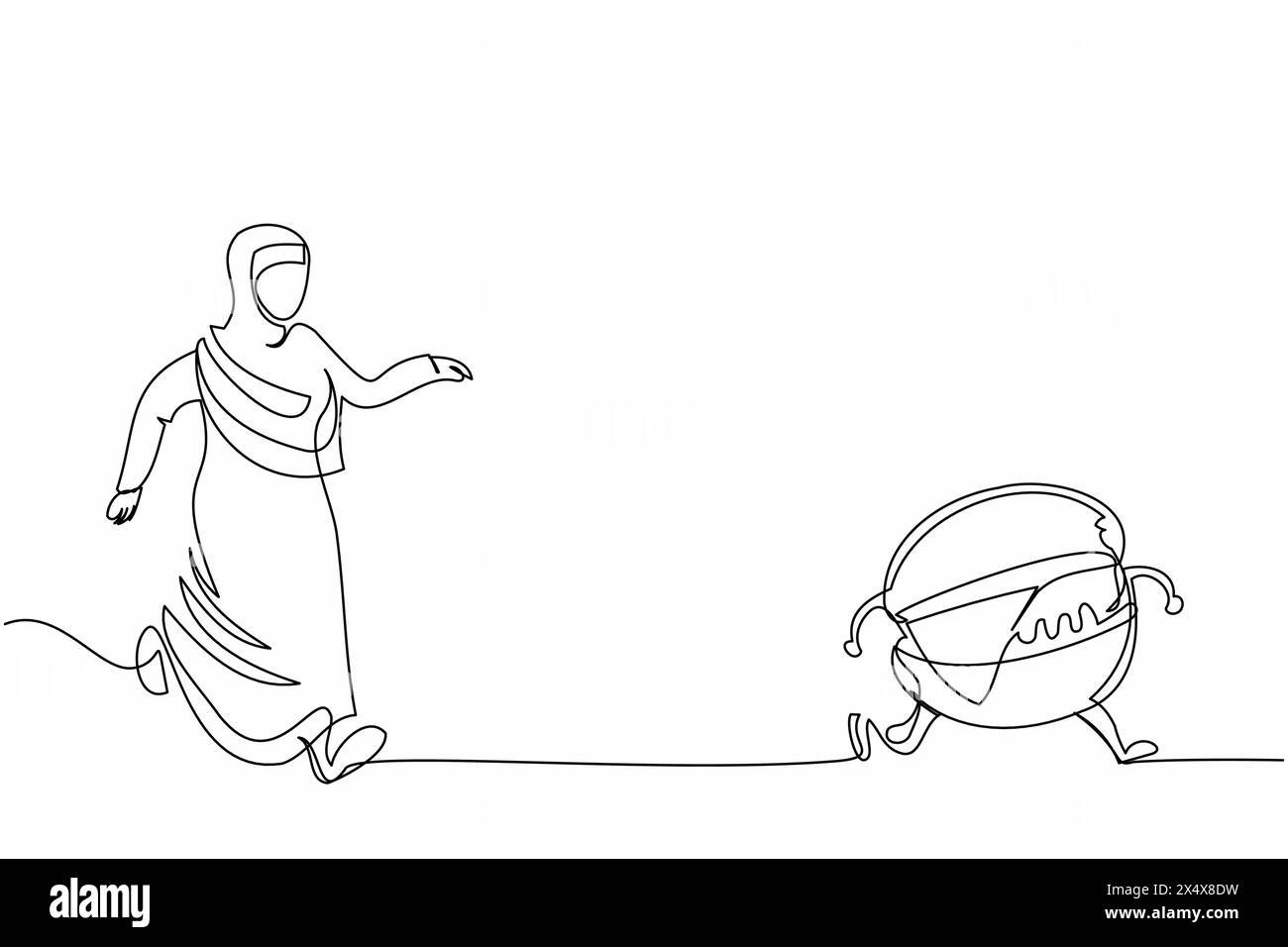 Eine durchgehende Linie zeichnet arabische Geschäftsfrau, die Hamburger jagt. Ungesundes Fast Food und fettleibiger Magen. Köstliche Mahlzeit und beliebt bei vielen Leuten Stock Vektor