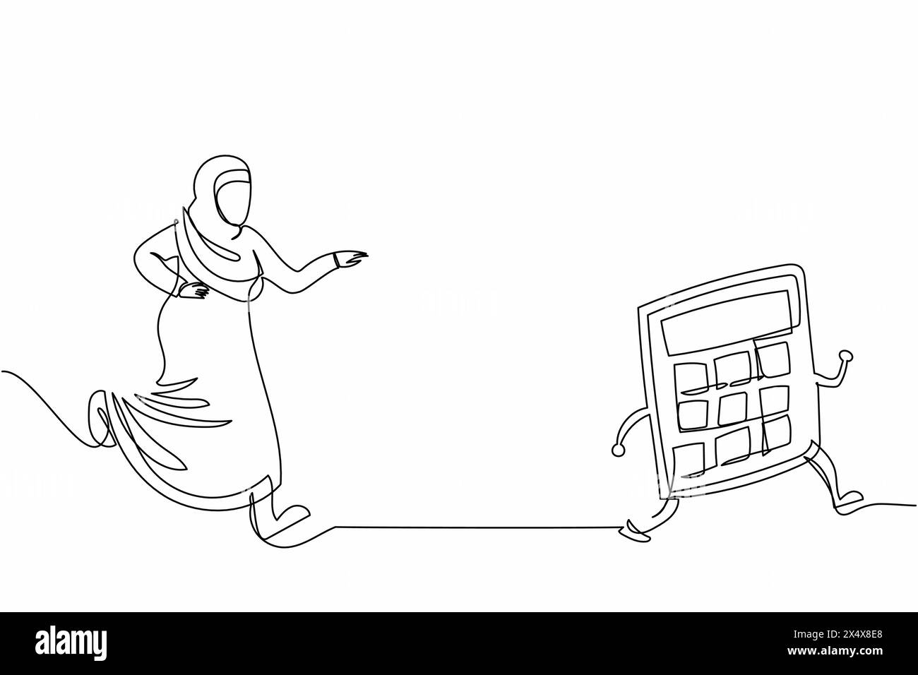 Eine einzige Linie, die arabische Geschäftsfrau zeichnet, die Taschenrechner jagt. Ausrüstung für Buchhaltungsdienstleistungen, Berechnung von Aufwendungen, Steuern, Finanzberichterstattung. Stock Vektor