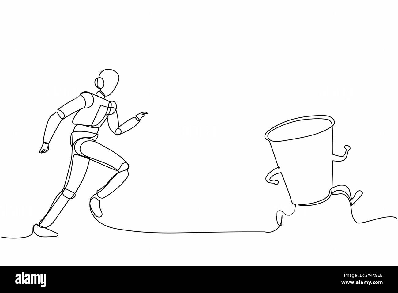 Ein einzelner Roboter für die kontinuierliche Linienzeichnung läuft auf der Jagd nach Papierbecher. Recycling-Abfallbehandlungsanlage. Moderne robotische Künstliche Intelligenz. Elektronische Technik Stock Vektor