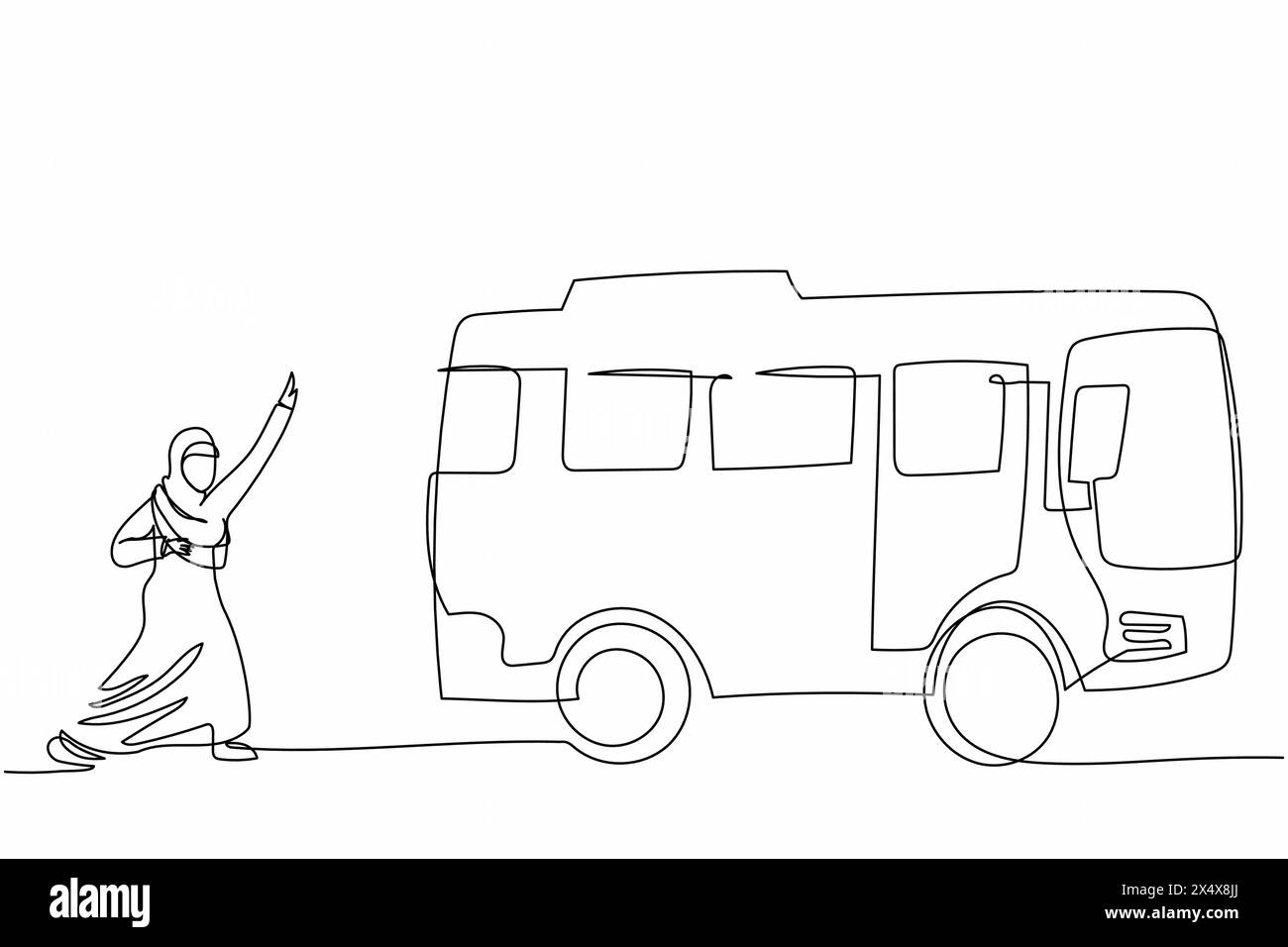 Eine einzige Linie, die arabische Geschäftsfrau zeichnet, die den Bus verfolgt. Nachzügler, weibliche Arbeiterin, fährt mit dem REACH-Bus ins Büro. Stadtleben Menschen in der Großstadt. Stock Vektor