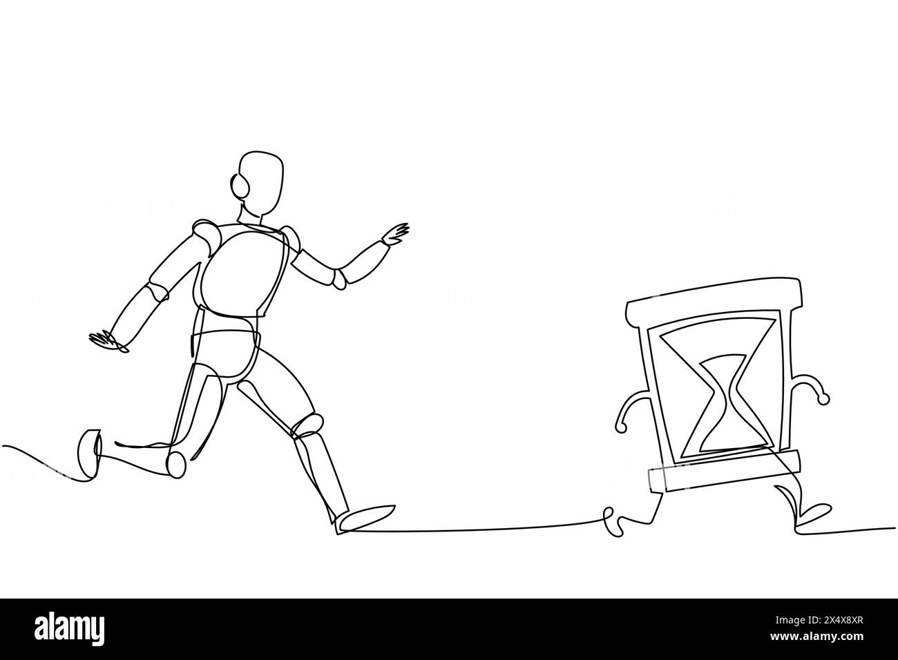 Roboter mit durchgehender einzeiliger Zeichnung, der Sanduhr nachjagt. Zeitmanagement und Betriebszeitplan der Fabrik. Humanoide Roboter-kybernetische Organismus-Entwicklung Stock Vektor