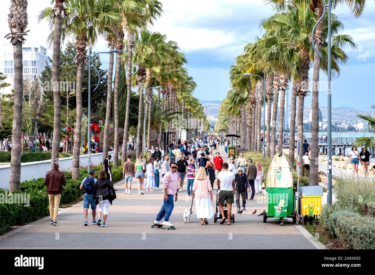Menschenmassen laufen entlang der palmengesäumten Promenade, Limassol, Zypern Stockfoto