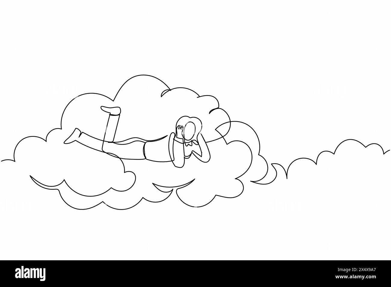 Durchgehende einzeilige Zeichnung Träumerin Geschäftsfrau lag auf den Wolken und träumte oder dachte über ein neues Geschäftsprojekt nach. Frau, die nach der Arbeit ruht. Si Stock Vektor