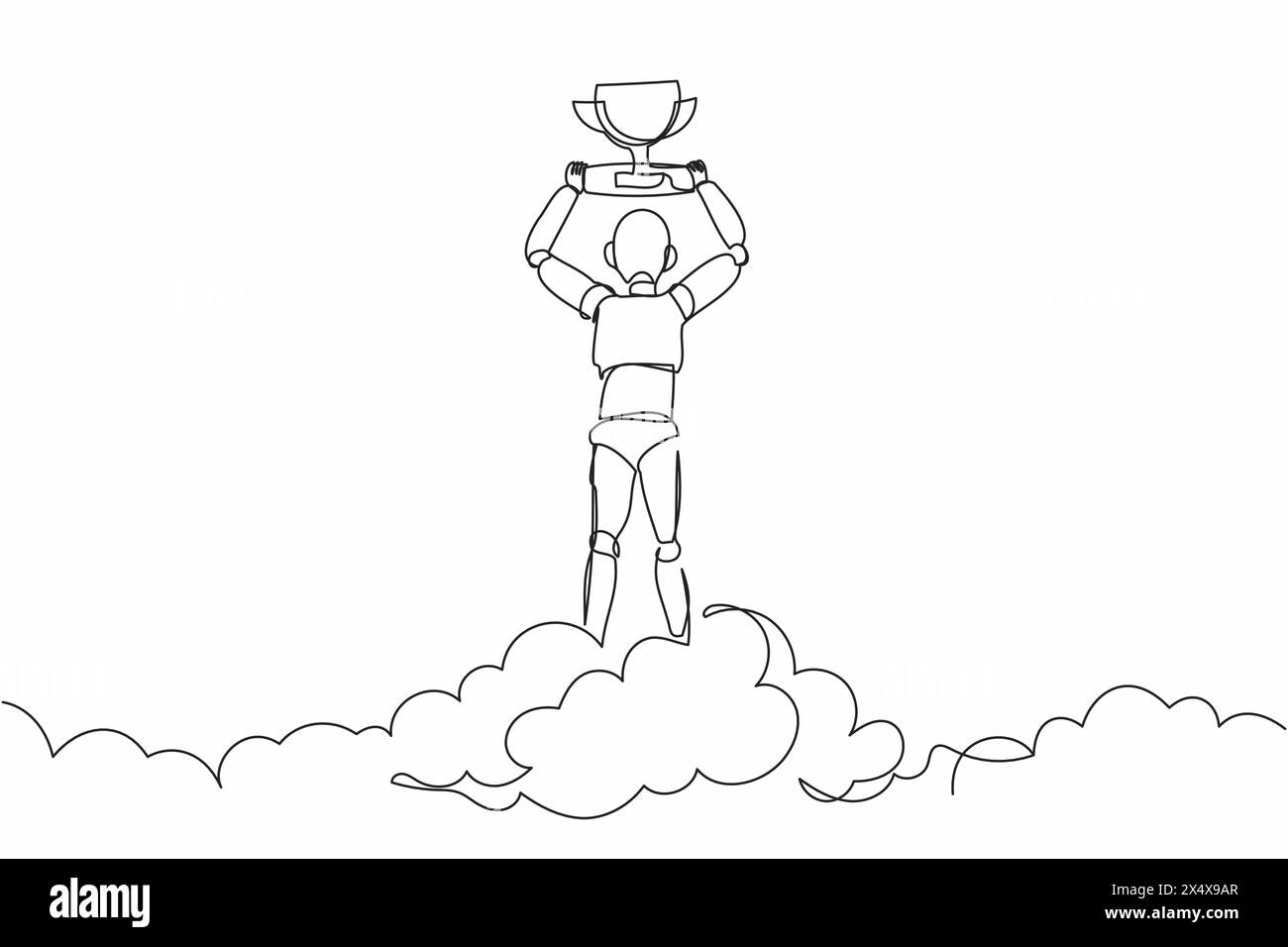 Ein einzelner Zeilenroboter, der die Trophäe in der Wolke hält. Feiert den Sieg am Himmel. Technologische Entwicklung der Zukunft. Künstliche Intelligenz maschinelles Lernen Stock Vektor