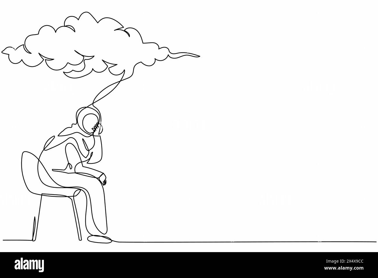 Eine einzige Linie, die eine arabische Geschäftsfrau auf einem Stuhl unter Regenwolke zeichnet. Besorgte Frau, die an Wirtschaftskrise denkt, gescheiterte Geschäfte. Fortlaufend Stock Vektor