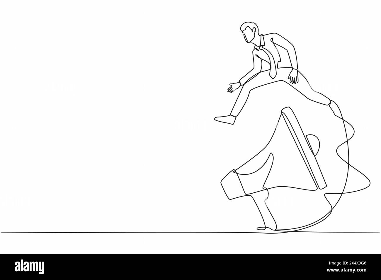 Ein einziger, einzeiliger Geschäftsmann, der über großes Megaphon springt. Technologie für das Marketing. Person, die den Sprecher verwendet und Ansage und Werbung gibt. C Stock Vektor