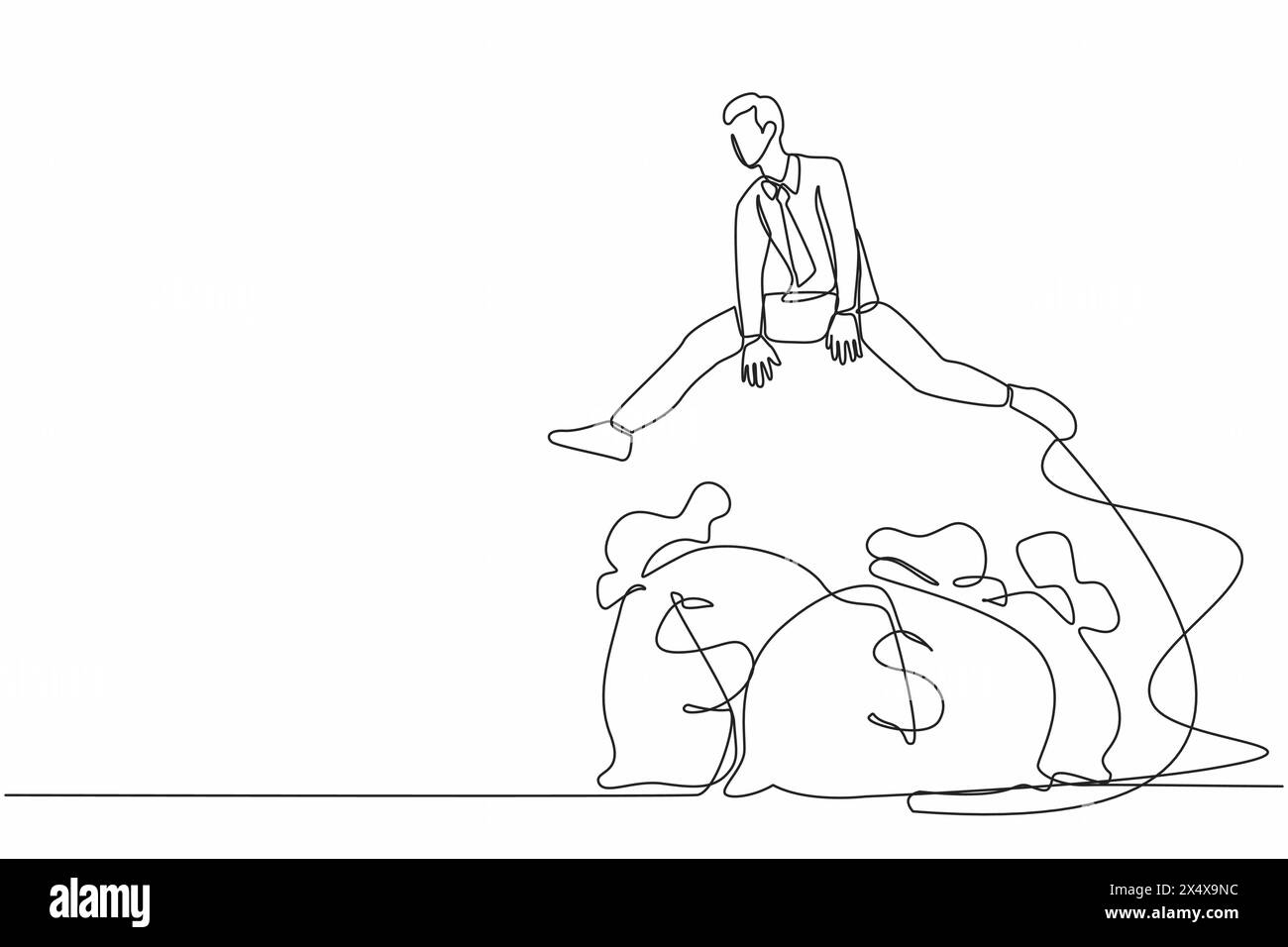 Ein einziger Zeichner Geschäftsmann springt über die Geldtasche. Unternehmensdarlehen oder Risikokapitalfinanzierung zur Unternehmensgründung oder Geld hilft, die Krise zu überleben. Co Stock Vektor