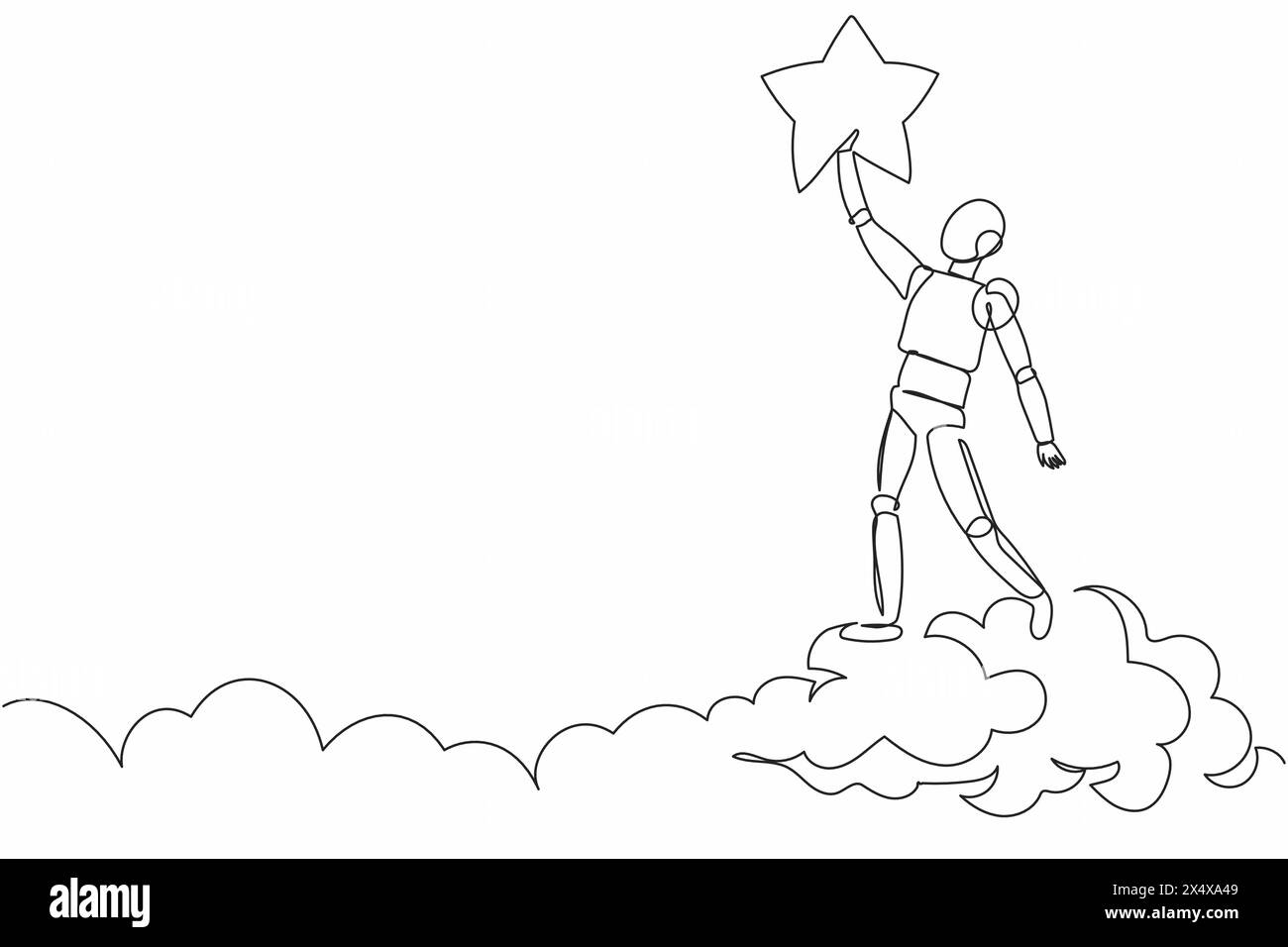 Ein durchgehender Zeichnungsroboter, der den Stern am Himmel erreicht. Business Champion, um Belohnung zu erhalten. Humanoider Roboter-kybernetischer Organismus. Zukünftige Roboterentwicklung Stock Vektor