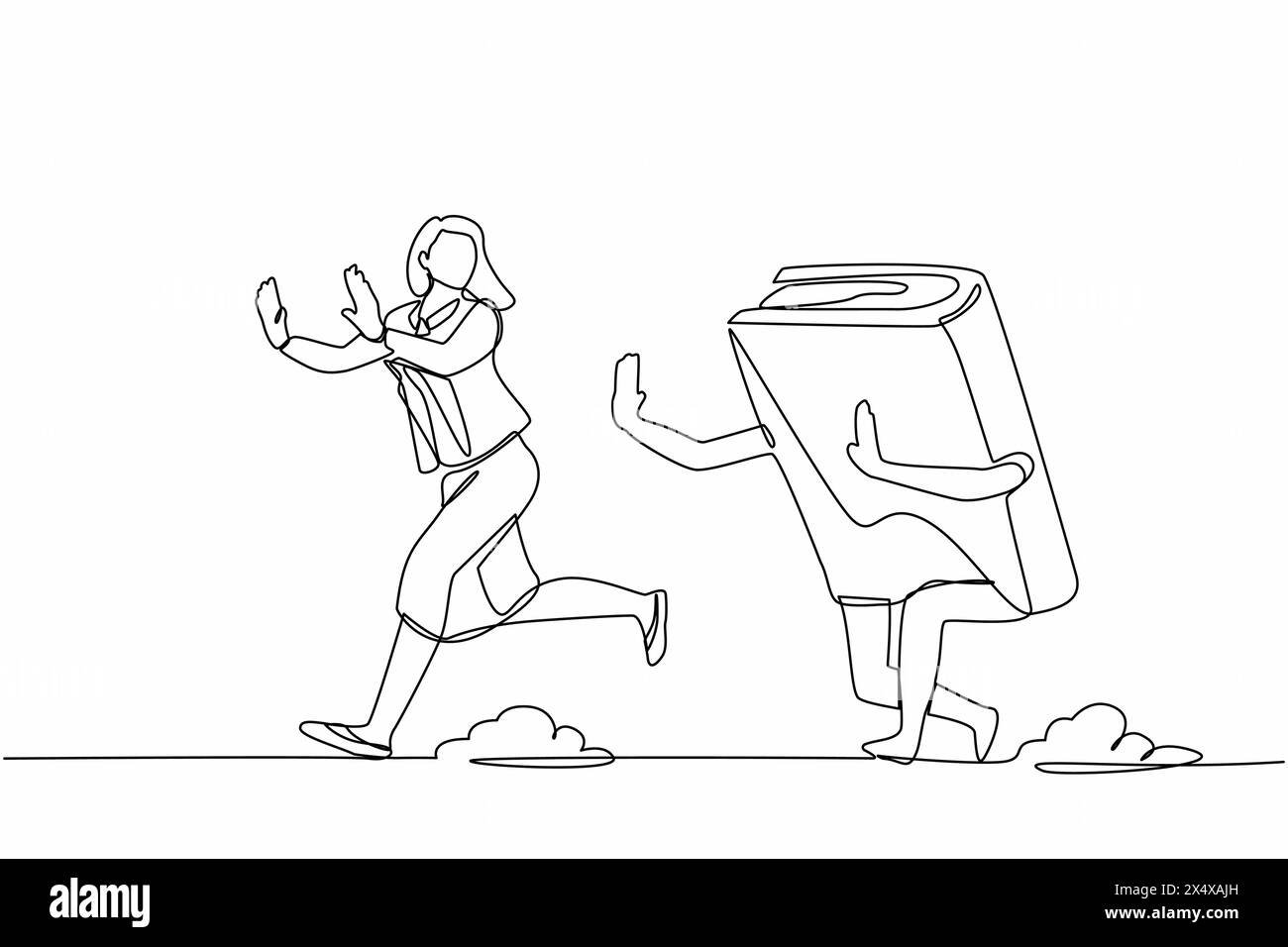 Eine einzelne durchgehende Linienzeichnung hat eine Geschäftsfrau erschreckt, die von einem Buch verfolgt wird. Arbeitnehmerinnen beeilen sich in der Hochschulbildung, um Karrieremöglichkeiten zu verfolgen. Minimalismus Stock Vektor