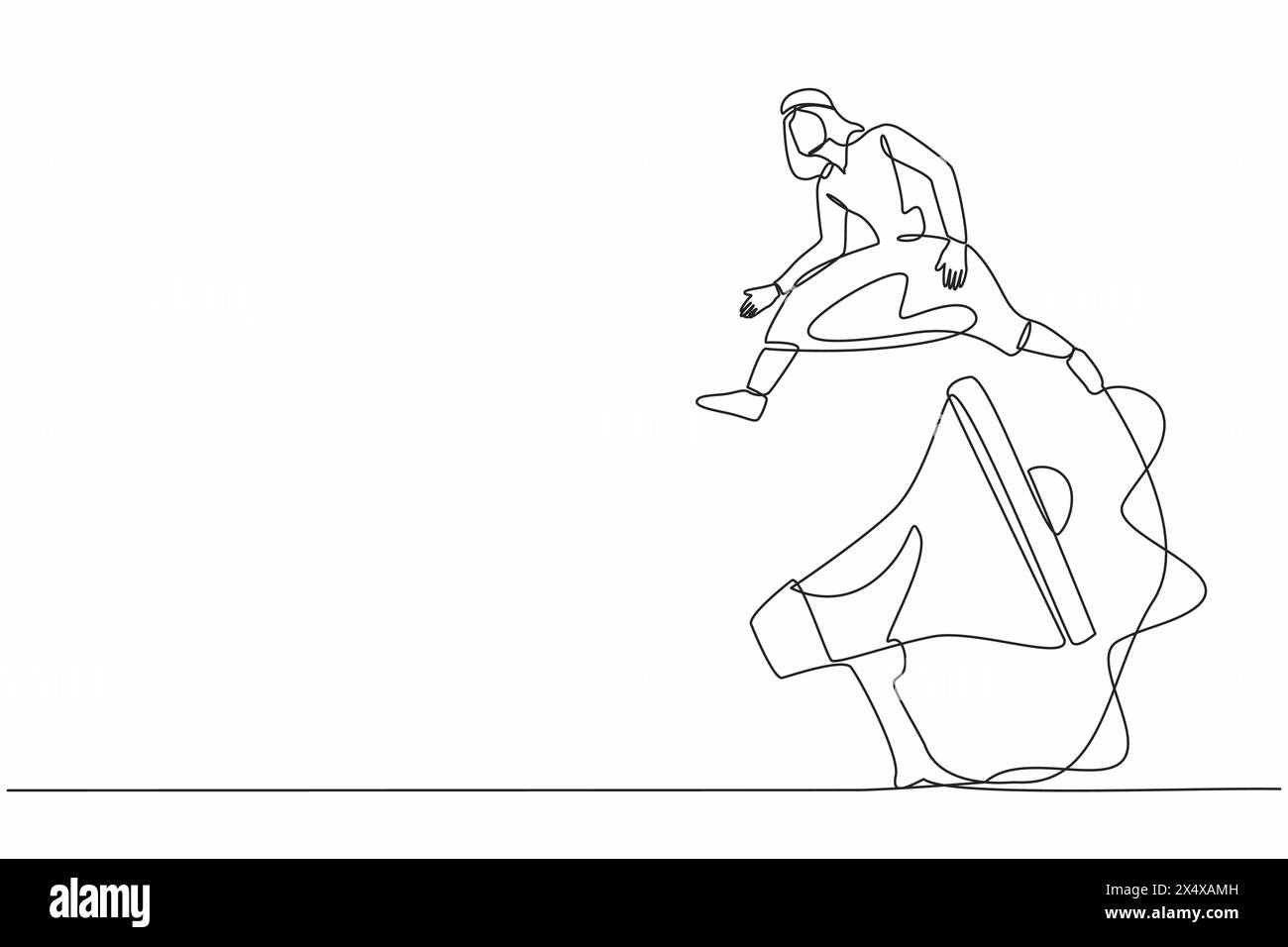 Eine durchgehende Linie zeichnet arabischer Geschäftsmann, der über großes Megaphon springt. Marketingstrategie in der Massenkommunikation. Lautsprechertechnologie für einen Stock Vektor