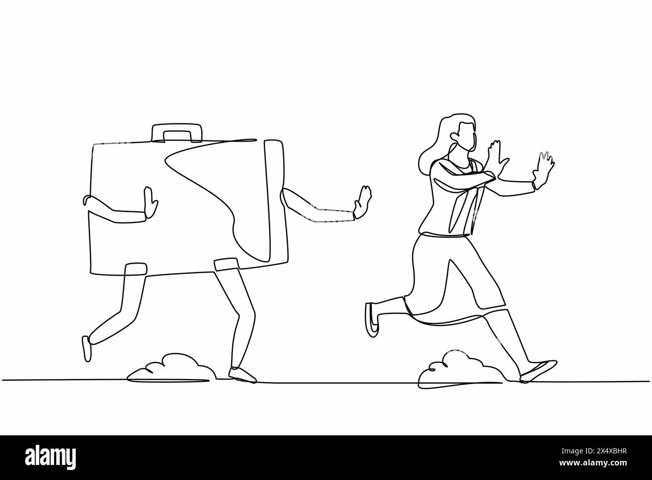 Eine durchgehende Zeilenzeichnung erschreckte Geschäftsfrau, die von einem Aktenkoffer verfolgt wird. Weibliche Führungskraft beeilt sich bei Hochleistungsprojekten. Minimalistische Metapher. Sünde Stock Vektor