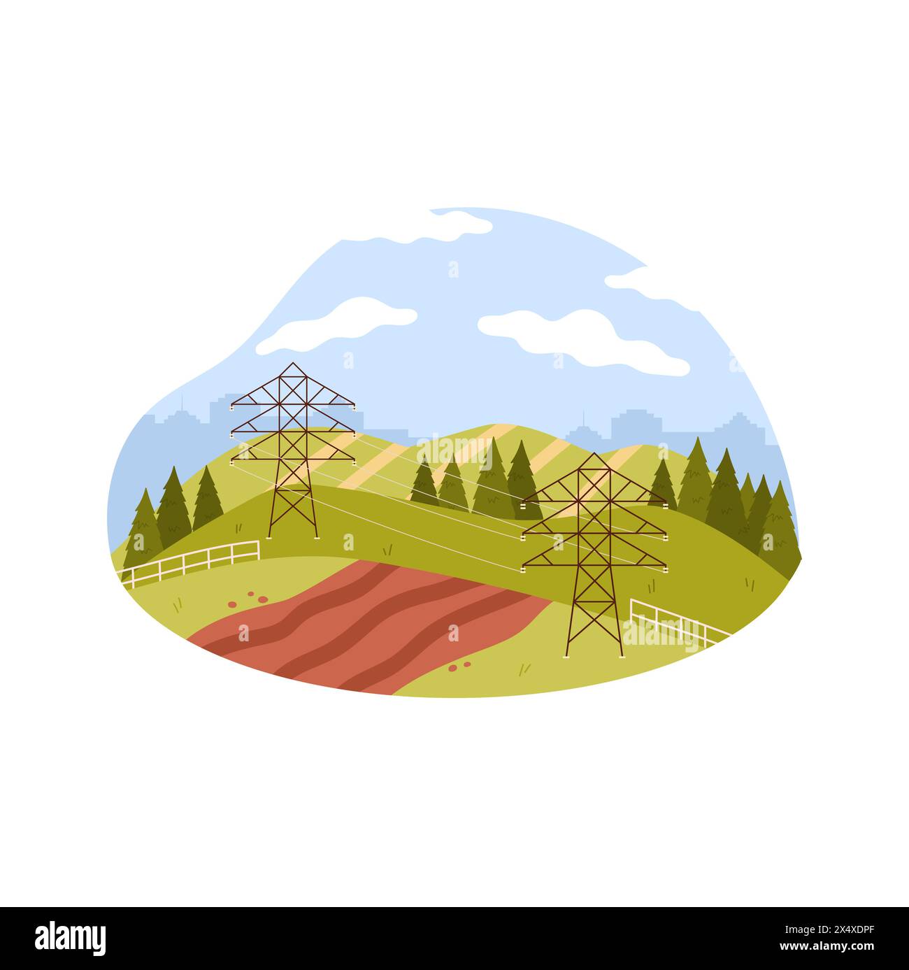 Ländliche grüne Landschaft des Sommers mit Stromleitungen, braune Ackerland-Vektor-Illustration Stock Vektor